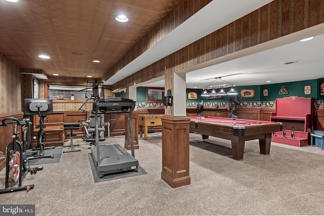 21 Robin Rd, Moorestown, NJ 08057 - rec room with carpet flooring, billiards, wooden walls, recessed lighting, and a wainscoted wall
