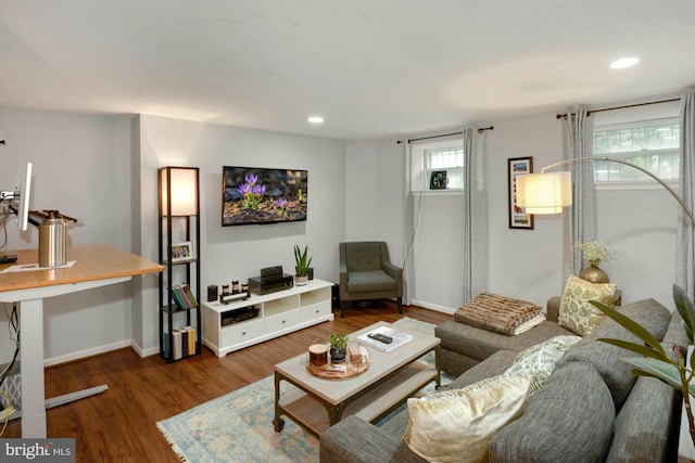 living room featuring wood finished floors, baseboards, and recessed lighting
