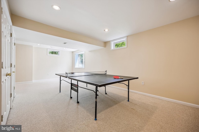 game room with baseboards, carpet flooring, and recessed lighting