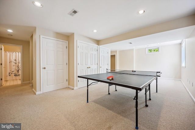 game room featuring carpet flooring, recessed lighting, and visible vents