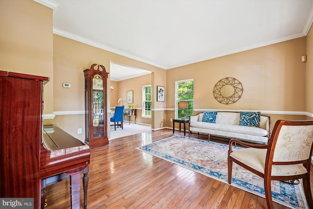 living area with baseboards, ornamental molding, and hardwood / wood-style flooring