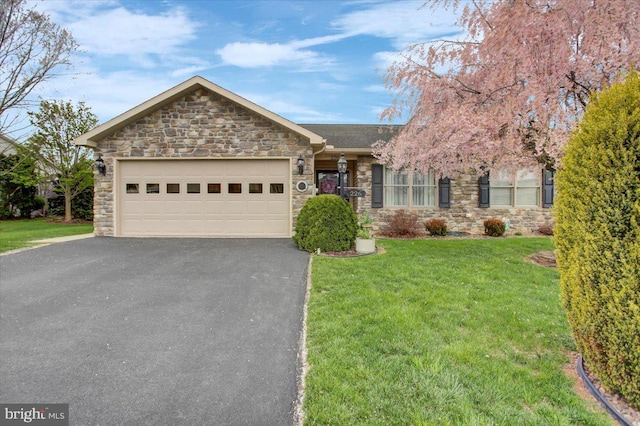 226 Matthew Dr, Chambersburg, PA 17201 - ranch-style house featuring an attached garage, aphalt driveway, a front yard, and stone siding