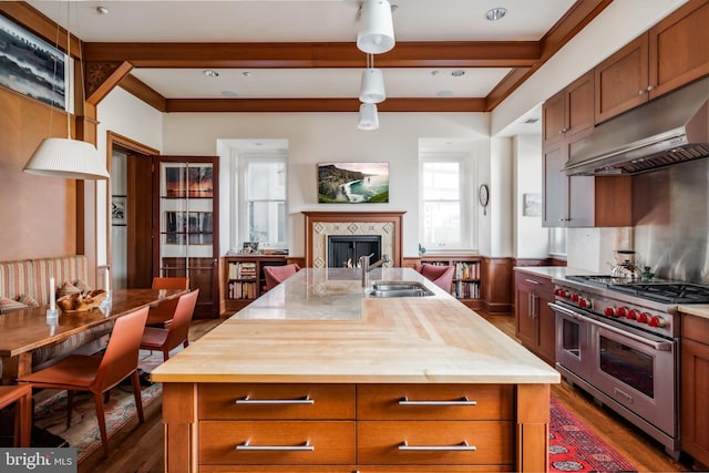 kitchen featuring dark wood-style floors, under cabinet range hood, a sink, and double oven range