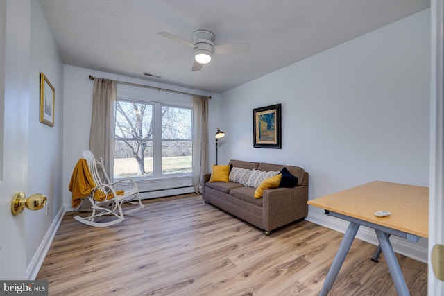 901 Riverside Ave, Grottoes, VA 24441 - living area with visible vents, baseboards, ceiling fan, a baseboard radiator, and light wood finished floors