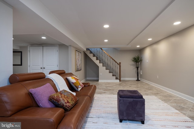901 Riverside Ave, Grottoes, VA 24441 - living room featuring light tile patterned floors, baseboards, recessed lighting, and stairs
