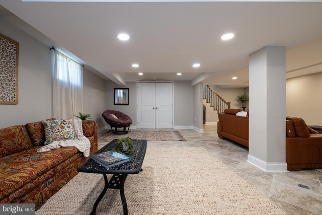 901 Riverside Ave, Grottoes, VA 24441 - living area with baseboards, stairway, and recessed lighting