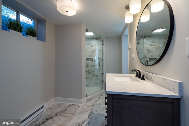 901 Riverside Ave, Grottoes, VA 24441 - bathroom featuring vanity, a baseboard heating unit, baseboards, a shower stall, and marble finish floor
