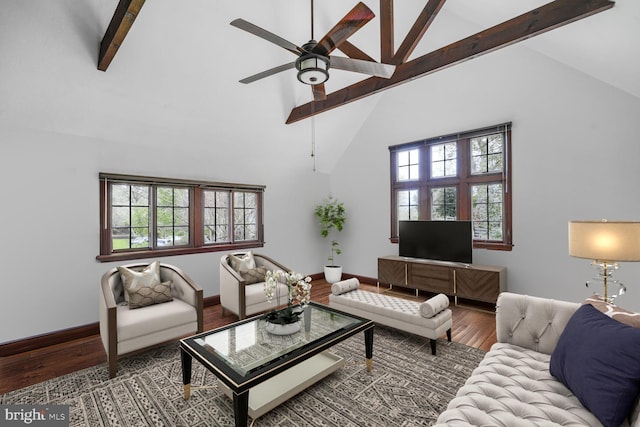 2709 Mckinley St NW, Washington, DC 20015 - living room featuring high vaulted ceiling, wood finished floors, beam ceiling, and ceiling fan