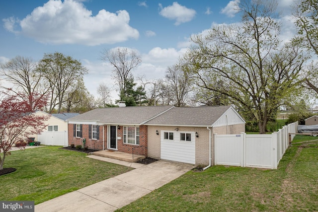 ranch-style home featuring concrete driveway, a shingled roof, fence, a front yard, and brick siding