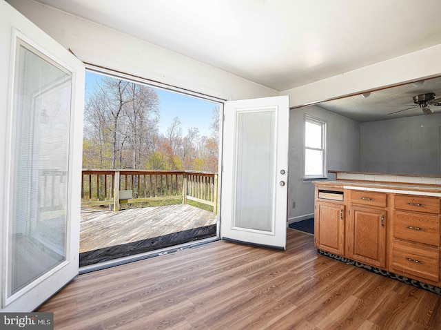 interior space featuring ceiling fan, baseboards, and light wood-style floors