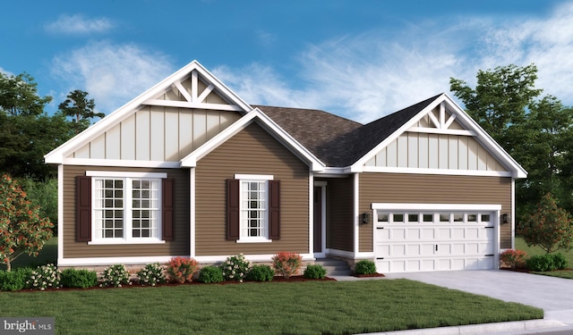 craftsman-style home featuring board and batten siding, a garage, a front lawn, a shingled roof, and concrete driveway