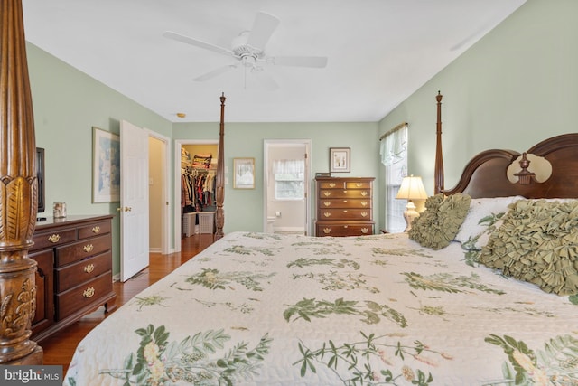 822 Rhinehart Ln, Phoenixville, PA 19460 - bedroom with a spacious closet, dark wood finished floors, a closet, connected bathroom, and a ceiling fan