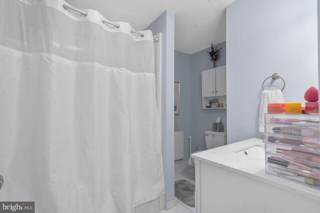 822 Rhinehart Ln, Phoenixville, PA 19460 - full bathroom featuring vanity, curtained shower, and marble look tile flooring