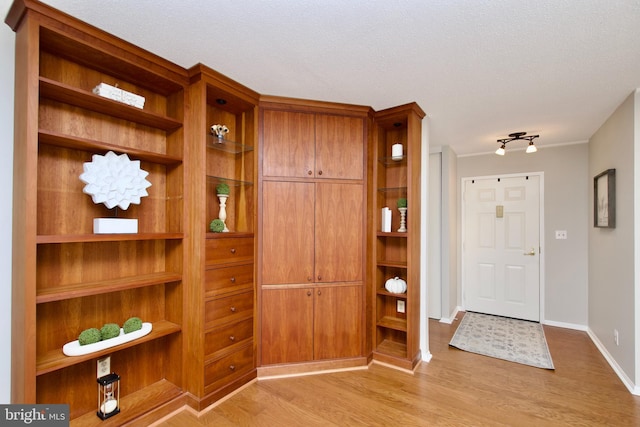 foyer featuring light wood-style floors and baseboards