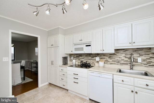 kitchen with a sink, white cabinetry, white appliances, and tasteful backsplash