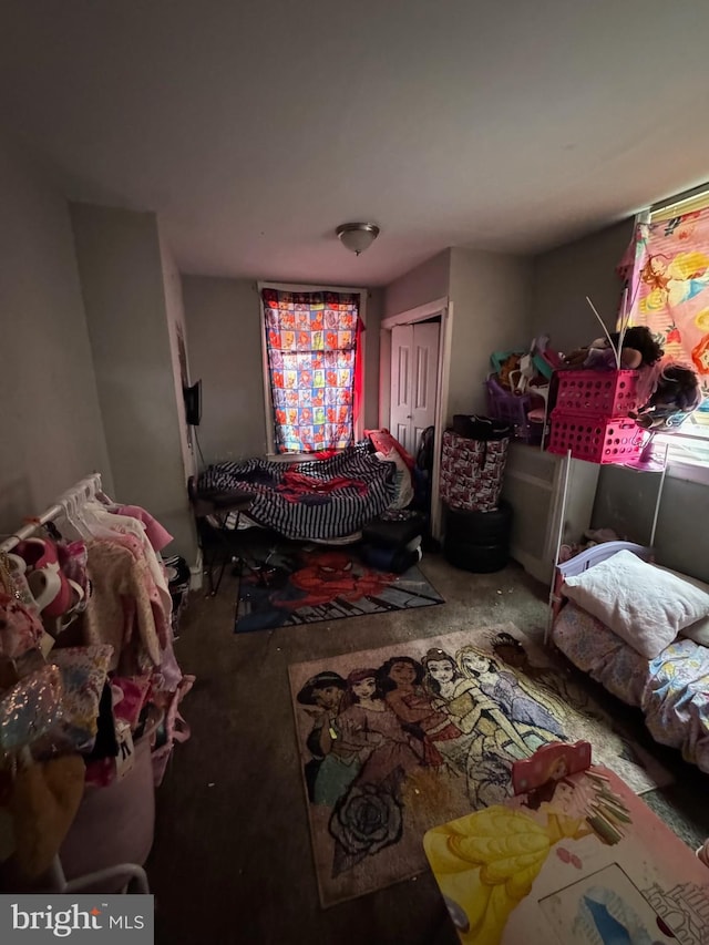 bedroom with carpet flooring and a closet