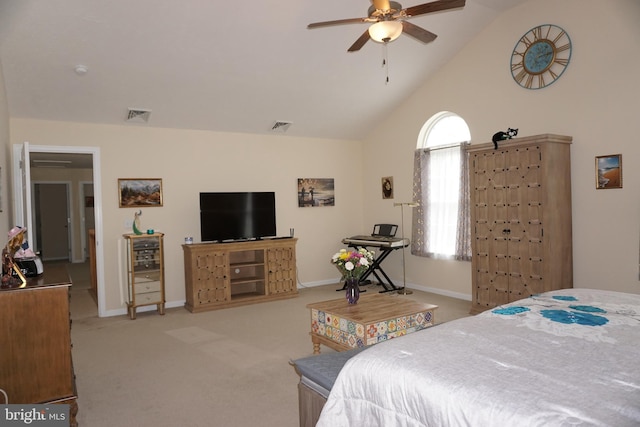 carpeted bedroom featuring visible vents, baseboards, and a ceiling fan
