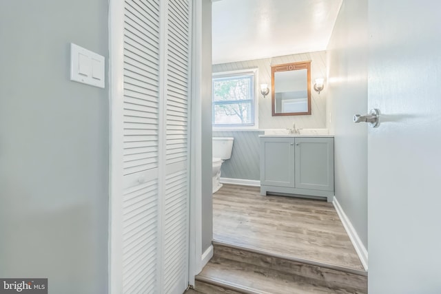 bathroom with toilet, vanity, a closet, and wood finished floors