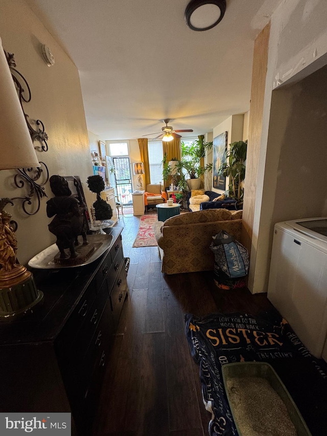living area featuring a ceiling fan and dark wood-type flooring