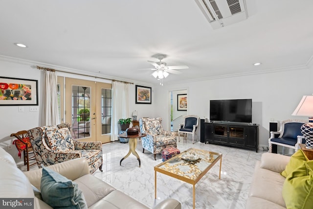 living room with visible vents, ornamental molding, recessed lighting, french doors, and marble finish floor