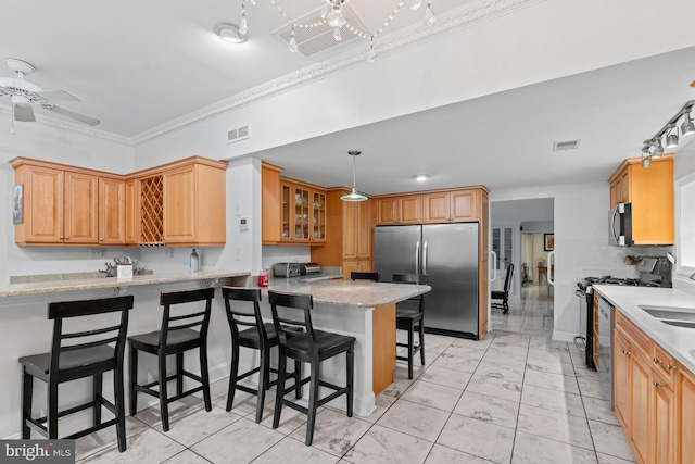 kitchen with ceiling fan, a kitchen bar, a peninsula, ornamental molding, and stainless steel appliances