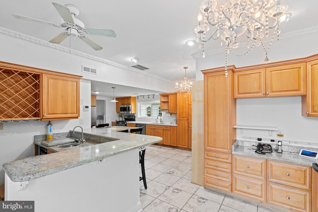 kitchen with a sink, visible vents, open shelves, and crown molding