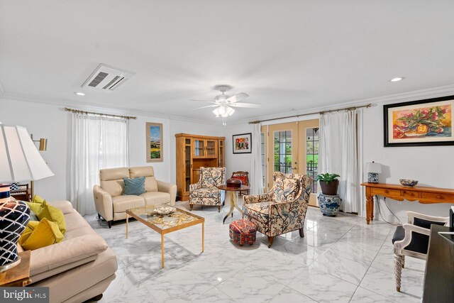 living room with crown molding, a ceiling fan, visible vents, marble finish floor, and french doors