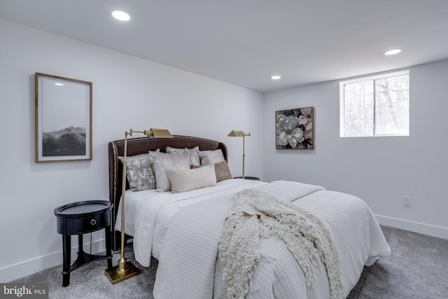 carpeted bedroom with recessed lighting and baseboards