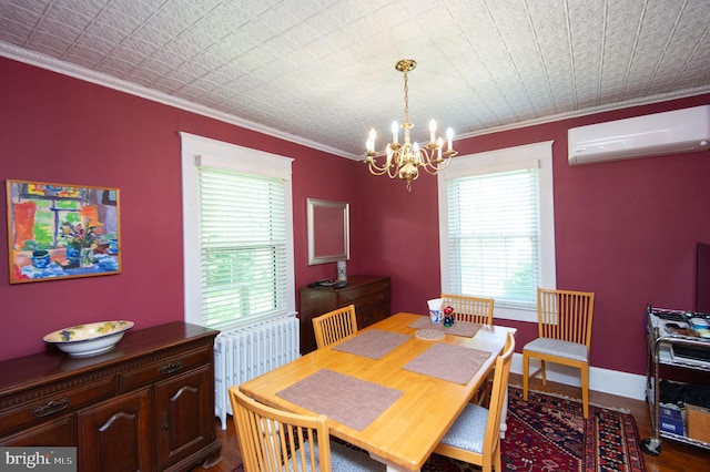 111 Somerset Ave, Cambridge, MD 21613 - dining area with a wall mounted air conditioner, dark wood-style floors, a notable chandelier, radiator, and ornamental molding