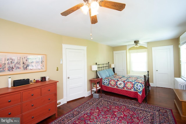 111 Somerset Ave, Cambridge, MD 21613 - bedroom with baseboards, radiator, ceiling fan, and dark wood-style floors