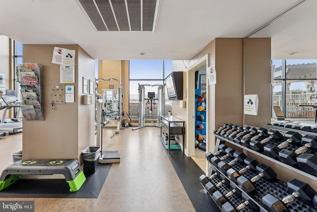 workout area featuring expansive windows and visible vents