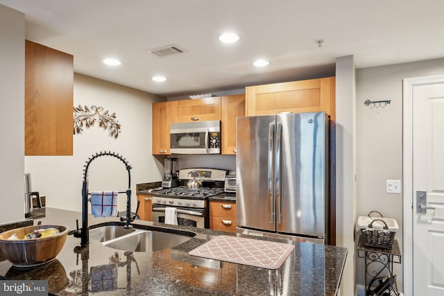 kitchen with appliances with stainless steel finishes, a sink, visible vents, and recessed lighting