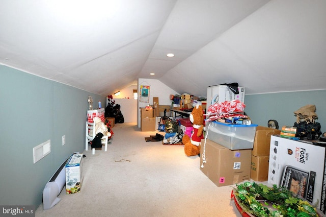 additional living space with recessed lighting, carpet, and vaulted ceiling