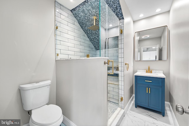 full bathroom with toilet, marble finish floor, a stall shower, and baseboards