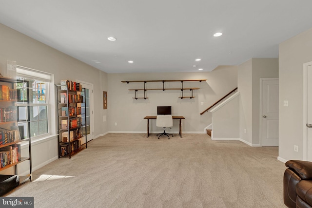 living area with carpet flooring, baseboards, recessed lighting, and stairway