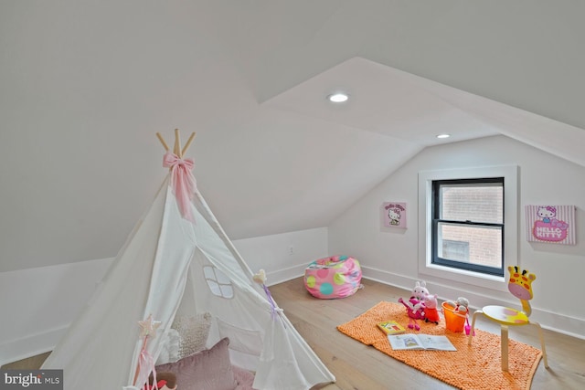 4324 Yuma St NW, Washington, DC 20016 - recreation room featuring lofted ceiling, wood finished floors, recessed lighting, and baseboards