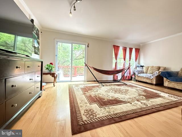 8659 Point Of Woods Dr, Manassas, VA 20110 - living area featuring crown molding, wood finished floors, and healthy amount of natural light