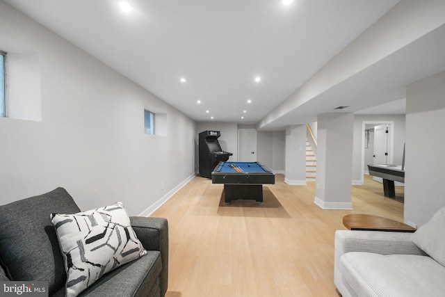 rec room featuring light wood-type flooring, baseboards, billiards, and recessed lighting
