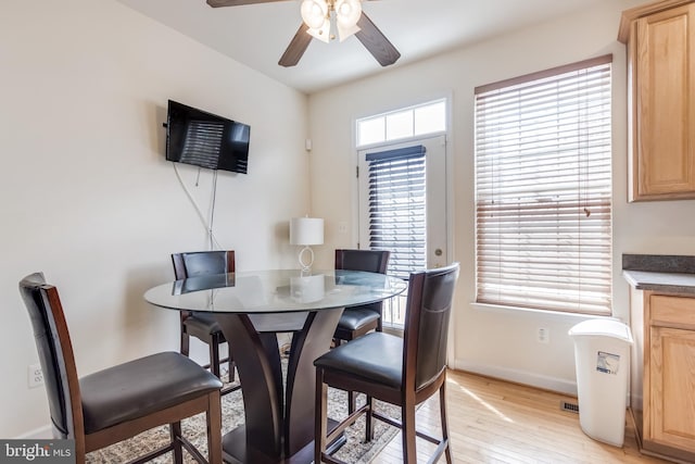 dining area featuring light wood finished floors, ceiling fan, and baseboards