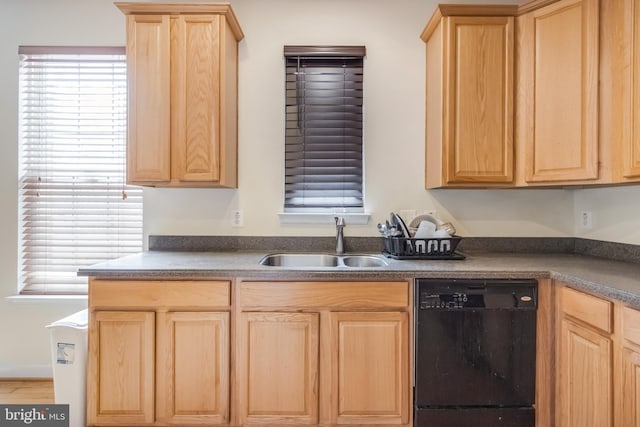 kitchen featuring black dishwasher, a sink, light brown cabinets, and dark countertops