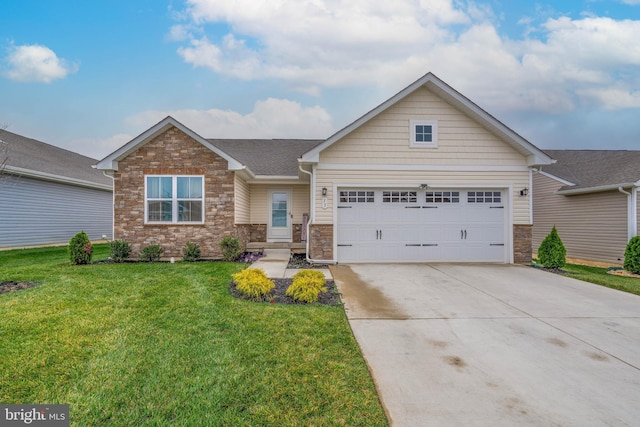 view of front of home featuring a garage, roof with shingles, stone siding, a front lawn, and driveway