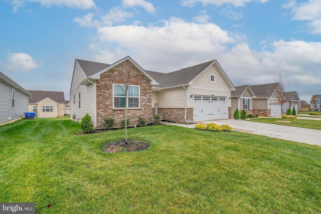 view of front of house featuring a garage, brick siding, driveway, and a front lawn