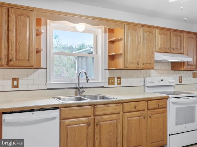 449 Fairview Cir, Woodstock, VA 22664 - kitchen with under cabinet range hood, open shelves, light countertops, a sink, and white appliances