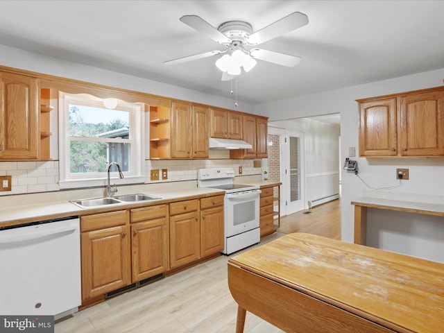 449 Fairview Cir, Woodstock, VA 22664 - kitchen with baseboard heating, open shelves, a sink, white appliances, and under cabinet range hood