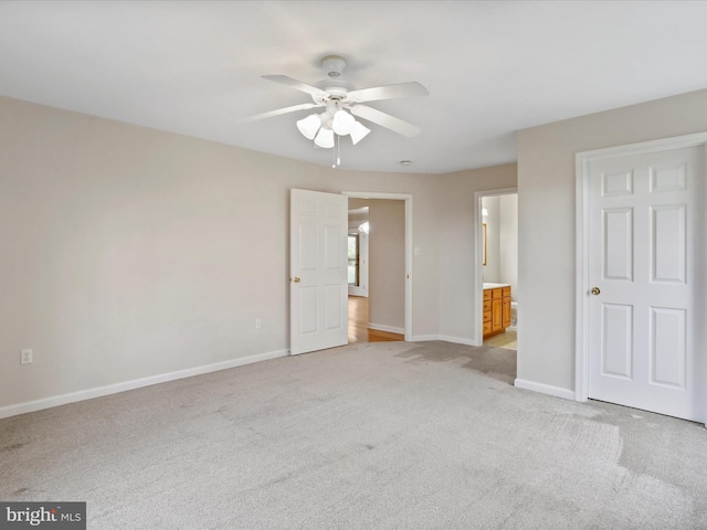 449 Fairview Cir, Woodstock, VA 22664 - unfurnished bedroom with ceiling fan, ensuite bath, baseboards, and light carpet