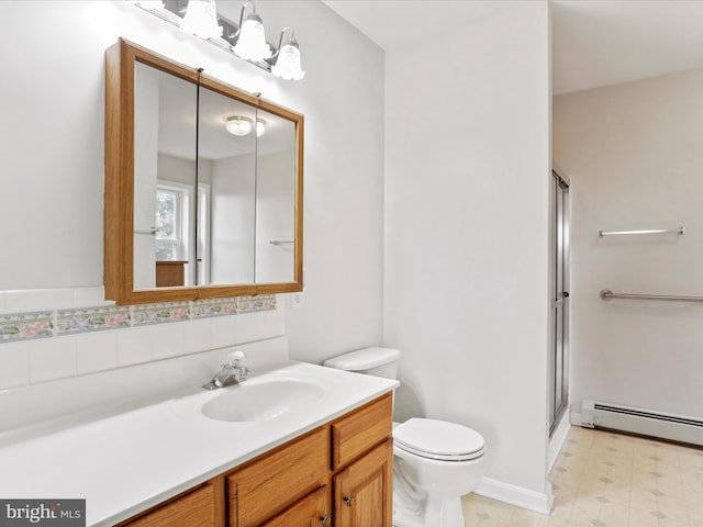 449 Fairview Cir, Woodstock, VA 22664 - full bathroom with tile patterned floors, a shower with door, toilet, vanity, and a baseboard radiator