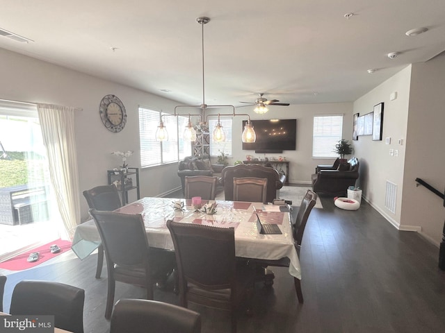 5740 Stone School Ln, Frederick, MD 21704 - dining space featuring visible vents, baseboards, a ceiling fan, and wood finished floors