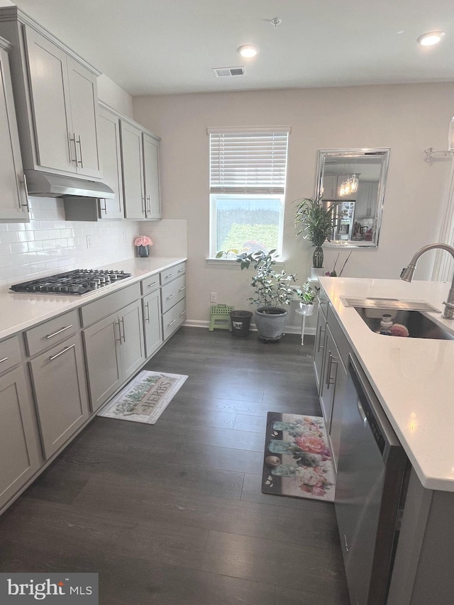 5740 Stone School Ln, Frederick, MD 21704 - kitchen with visible vents, a sink, under cabinet range hood, stainless steel appliances, and decorative backsplash