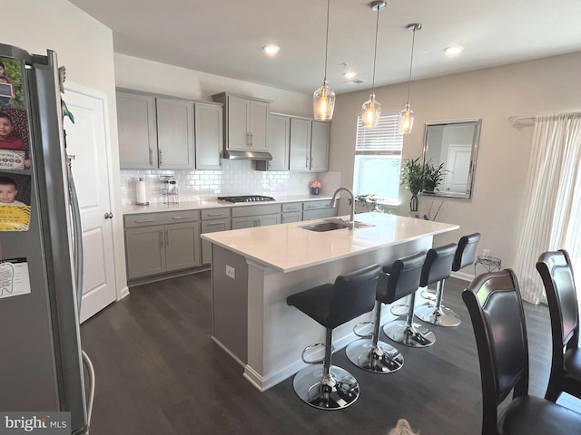 5740 Stone School Ln, Frederick, MD 21704 - kitchen with a sink, freestanding refrigerator, gray cabinetry, and gas stovetop