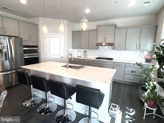 5740 Stone School Ln, Frederick, MD 21704 - kitchen with under cabinet range hood, a sink, gray cabinetry, and stainless steel appliances